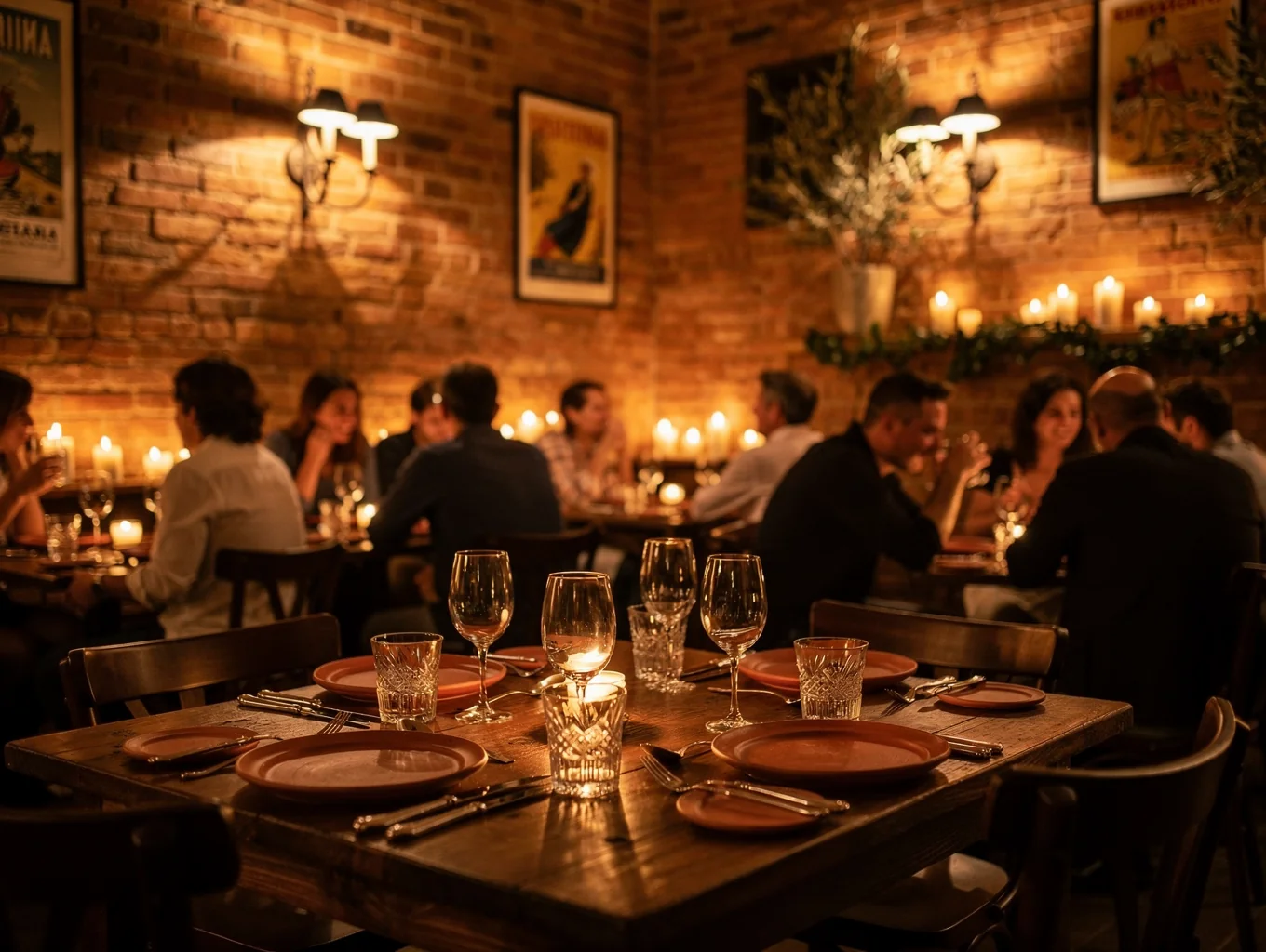 Warm candlelit dining room with rustic wooden tables and soft ambient lighting