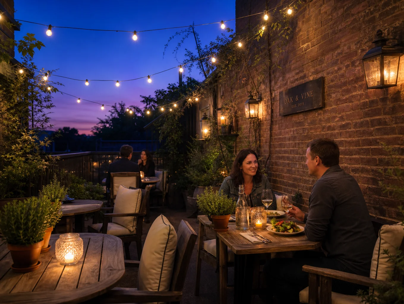 Beautiful outdoor patio seating area with lush greenery