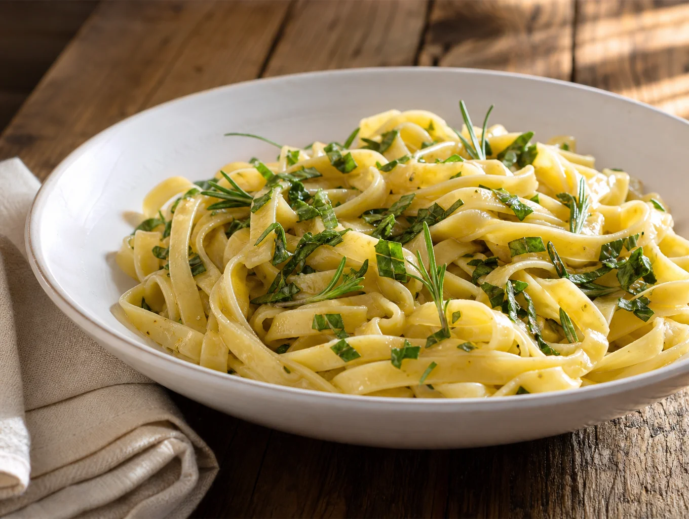 Handmade seasonal pasta dish with fresh herbs and olive oil